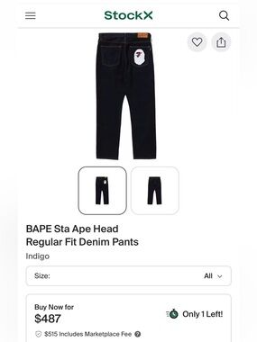 Bape Indigo Denim Jeans with Ape Head Patch